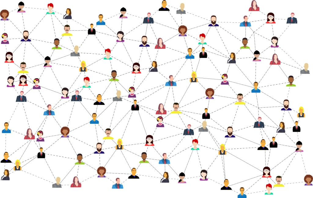 Graphic illustrating interconnected networks of people on social media, demonstrating algorithmic connections and interactions for enhanced engagement and visibility